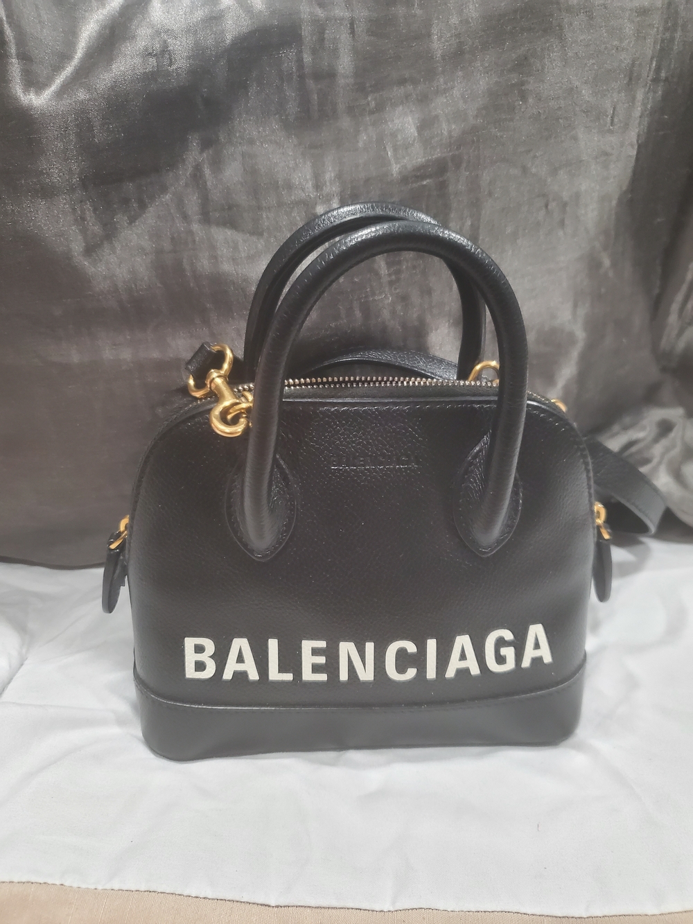 Elegant Balenciaga Black Leather Xxs Satchel with White Logo Print Shoe N